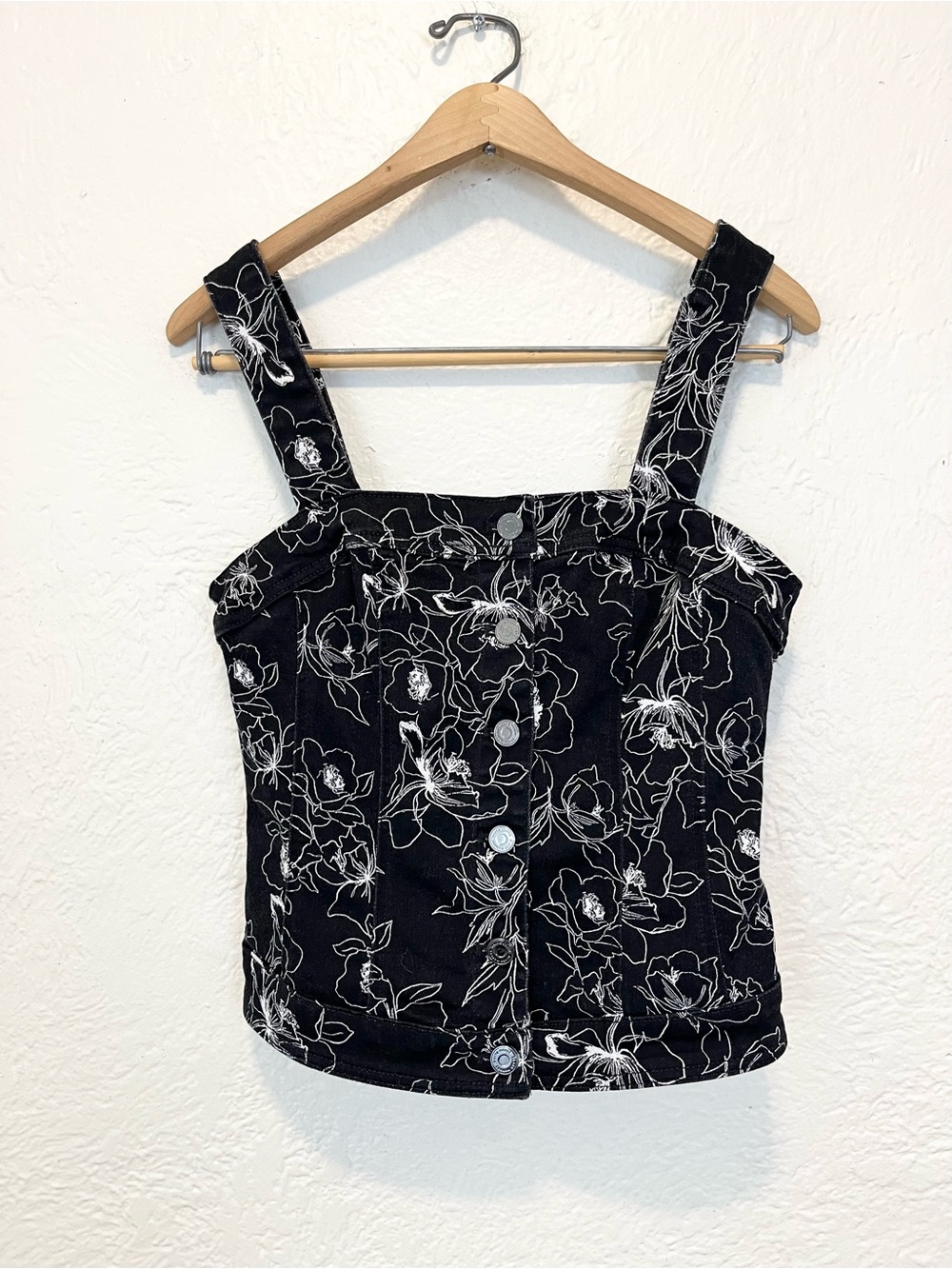 White House Black Market Denim Corset Top Black White Floral 2 - Picture 3 of 5